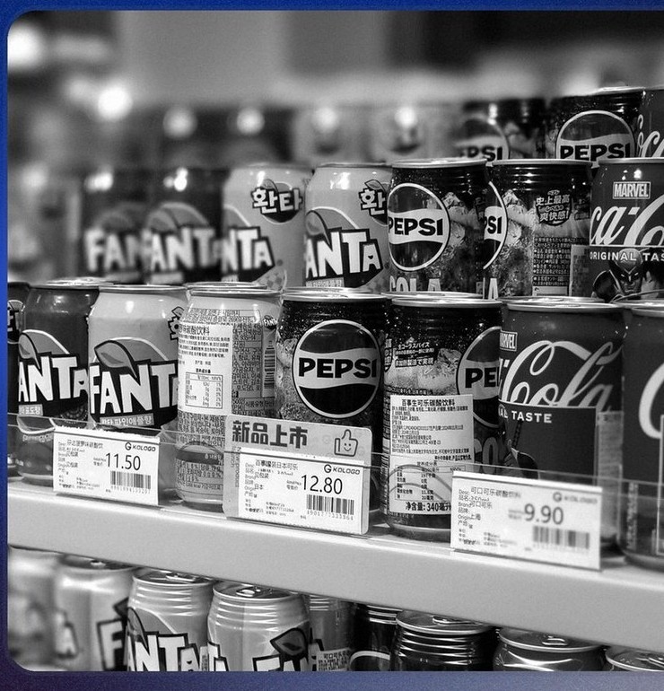 A shelf of soft-drink cans with their shelf-edge price labels